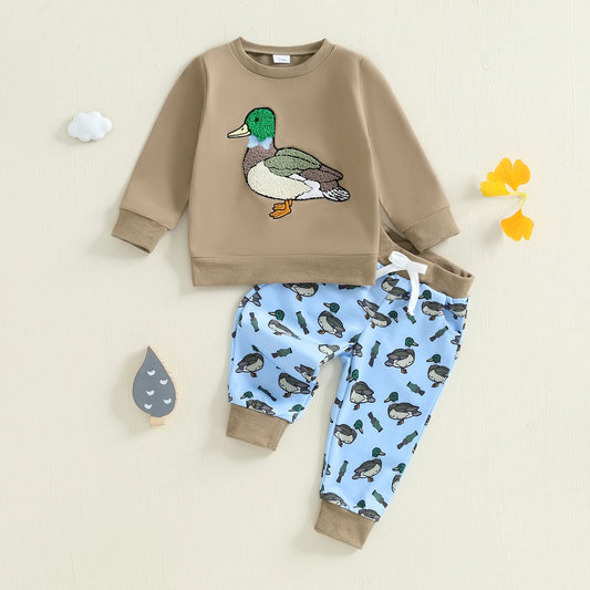 FOCUSNORM 0-3Y Infant Baby Boys Western Clothes Set Long Sleeve Crew Neck Duck Embroidery Sweatshirt with Print Pants