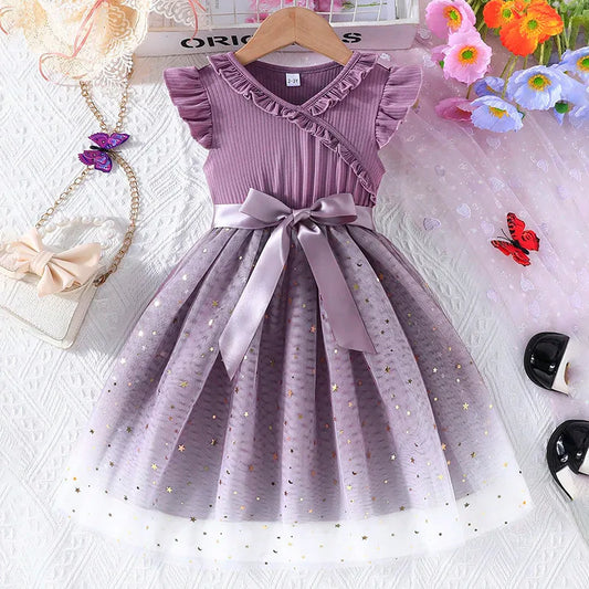 New Children's Dress for 3-8 Yrs Summer Dress Lotus Leaf Edge Design Bow Lace Up Star Sequin Sweet  Tulle Kids Dresses for Girls