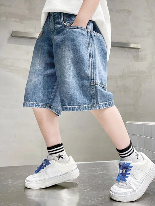 IENENS Summer Kids Shorts Young Boys loose Denim Pants Children Straight Washed Jeans Shorts Fit 12-13 Years