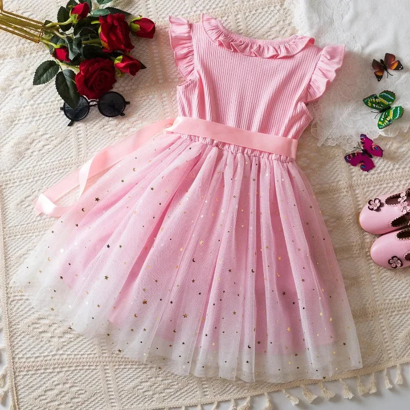 New Children's Dress for 3-8 Yrs Summer Dress Lotus Leaf Edge Design Bow Lace Up Star Sequin Sweet  Tulle Kids Dresses for Girls