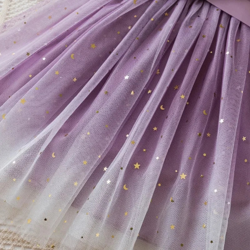 New Children's Dress for 3-8 Yrs Summer Dress Lotus Leaf Edge Design Bow Lace Up Star Sequin Sweet  Tulle Kids Dresses for Girls