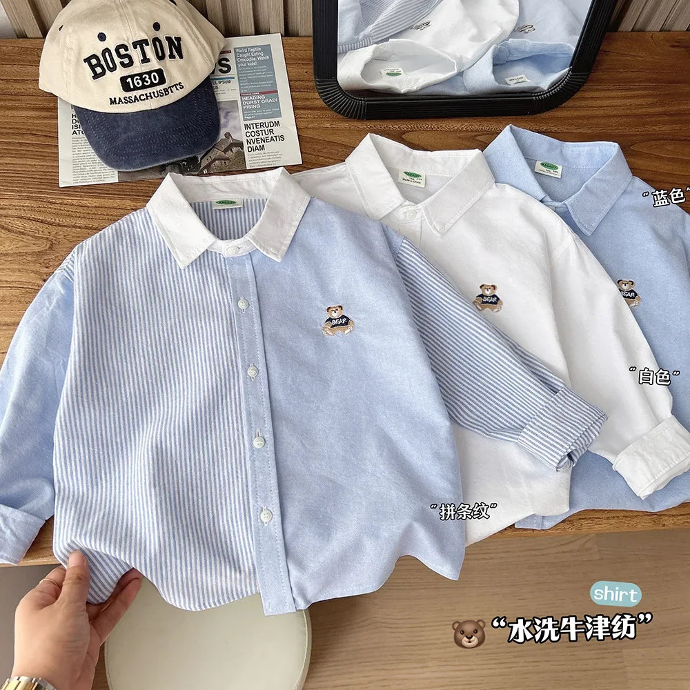2025 Autumn Boys Cute Embroidery Bear Long Sleeve Stripe Cotton Blouse 100-150cm