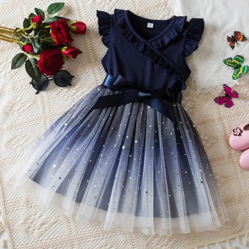 New Children's Dress for 3-8 Yrs Summer Dress Lotus Leaf Edge Design Bow Lace Up Star Sequin Sweet  Tulle Kids Dresses for Girls