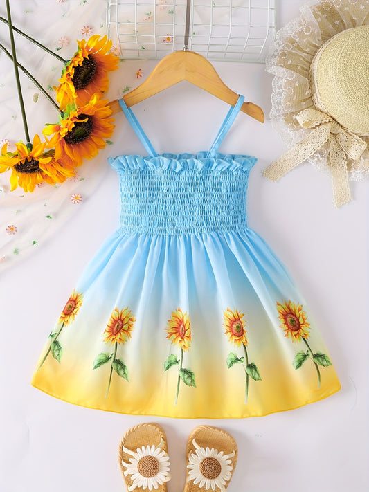 ' Sleeveless A-Line Dress with Smock Bodice & Short - Summer Sunflower Print Smock Dress, Machine Washable Lightweight Playwear to (No, Easy-Care Flower Pattern Outfit)