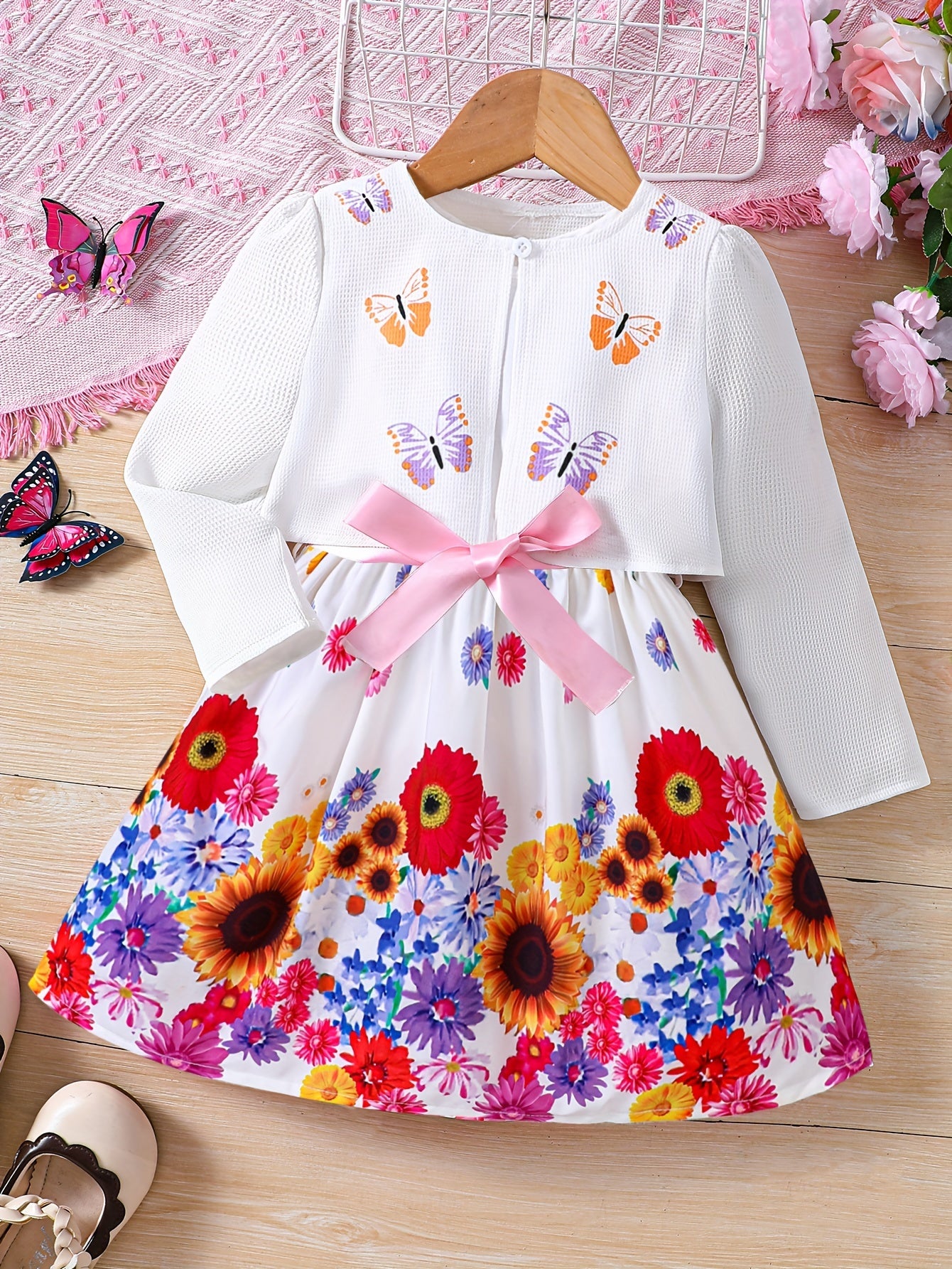 two-piece Sweet & Floral Girl's Two-Piece Summer Outfit: Long Sleeve Cardigan + Sundress Set