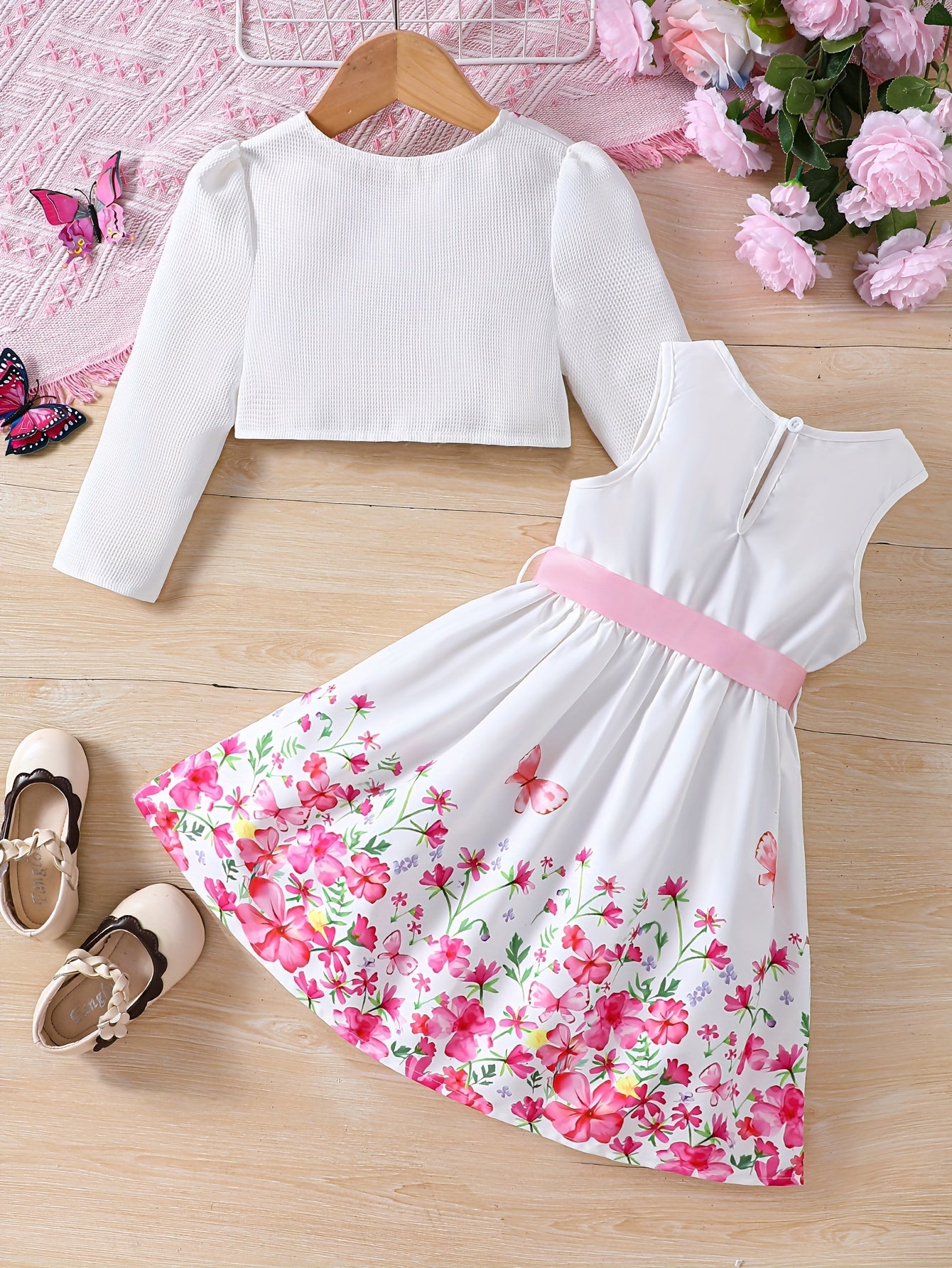 two-piece Sweet & Floral Girl's Two-Piece Summer Outfit: Long Sleeve Cardigan + Sundress Set