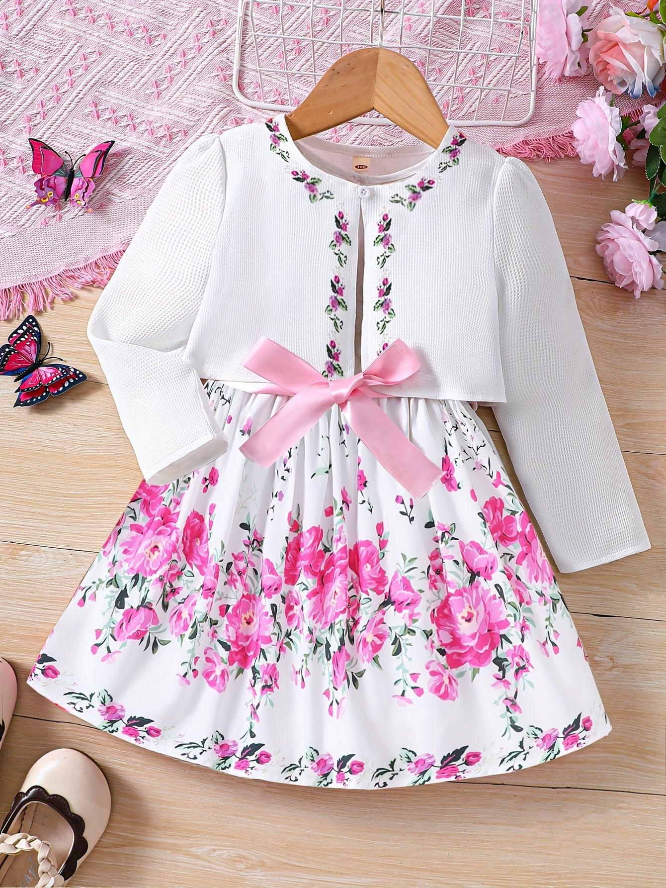 two-piece Sweet & Floral Girl's Two-Piece Summer Outfit: Long Sleeve Cardigan + Sundress Set