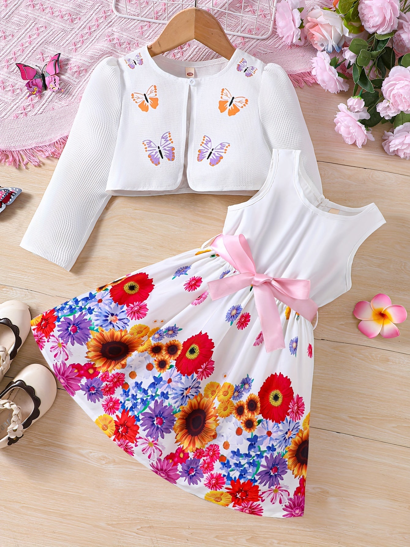 two-piece Sweet & Floral Girl's Two-Piece Summer Outfit: Long Sleeve Cardigan + Sundress Set