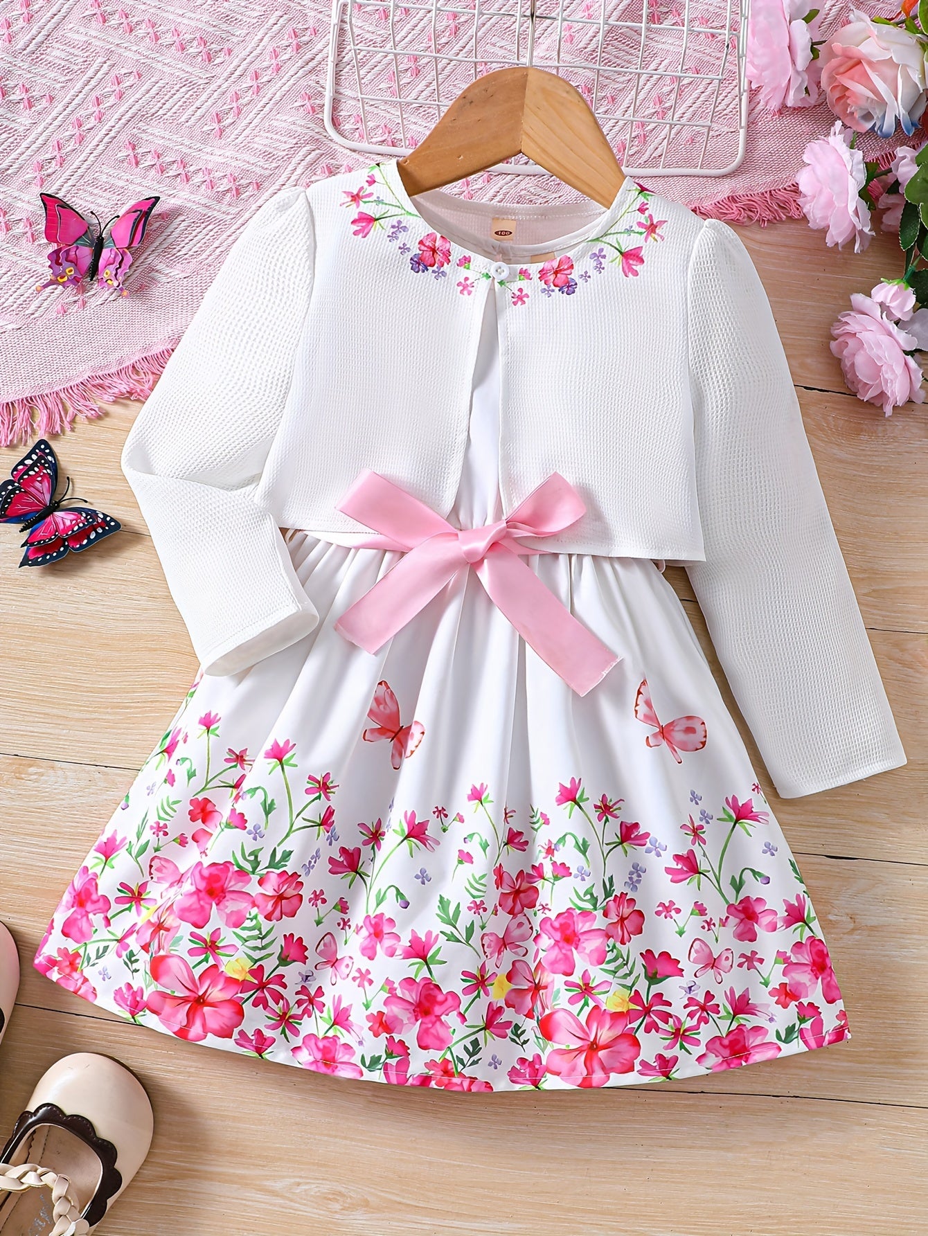 two-piece Sweet & Floral Girl's Two-Piece Summer Outfit: Long Sleeve Cardigan + Sundress Set